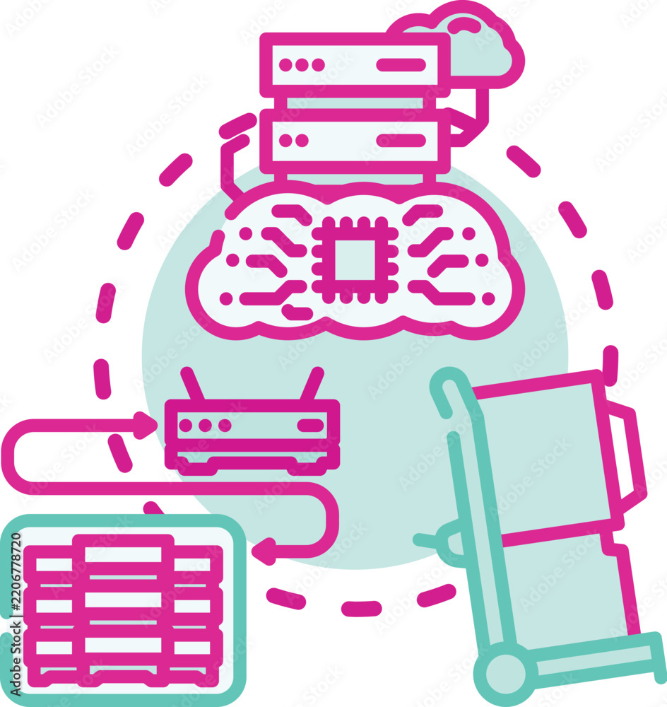 Fototapeta premium Cloud computing elements connected by a dashed line, illustrating a network of linked devices, databases, and an api for managing infrastructure setup and data transfer over a secure service