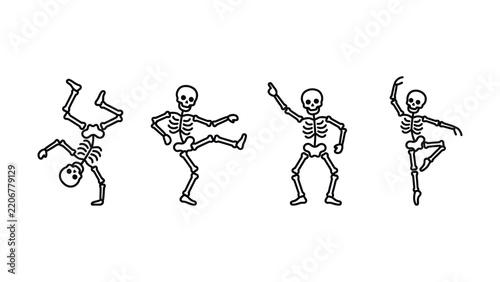 Four black and white line icons of skeletons in different energetic poses including handstands and dancing isolated on a white background