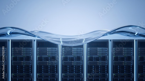 Modern server racks submerged in clear water symbolizing data center cooling liquid cooling technology or potential water damage and disaster recovery.