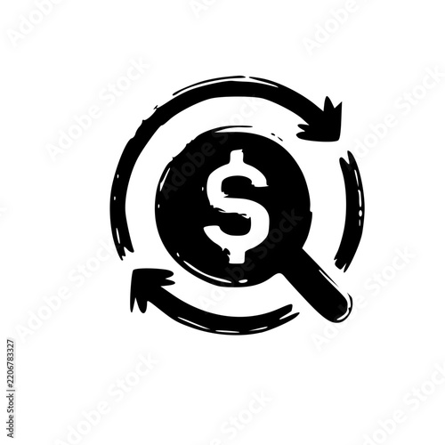hand-drawn solid brush financial audit search with dollar and circular arrows icon sketch illustration