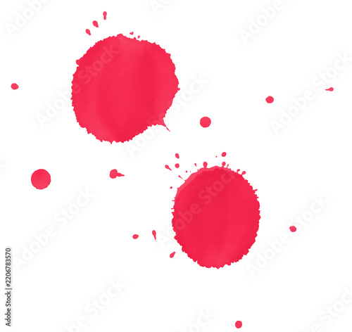 Red watercolor splashes and small splatters on a white background.