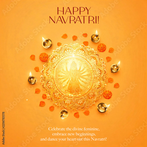 Happy Subh Navratri Graphic Devi Diya Mandala Flower Yellow Minimal Background Social Media Post