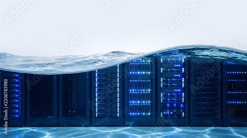 Submerged server racks with glowing blue lights in water representing data center disaster or innovation in liquid cooling technology.