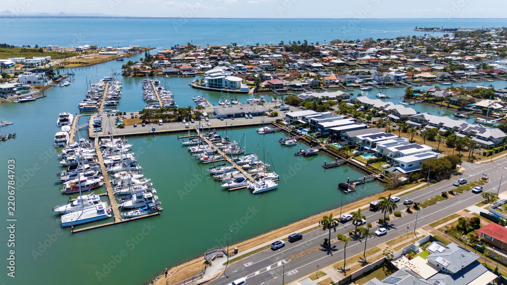 Fototapeta premium Aerial Panorama of Scarborough Waterfront and Canals, Queensland Australia