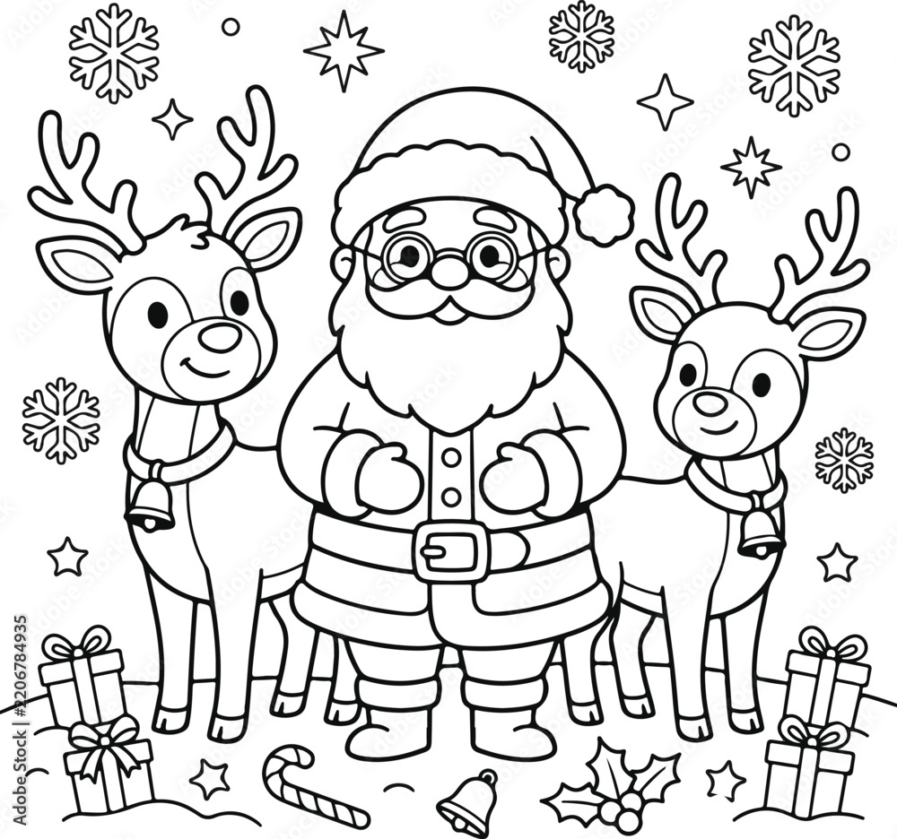 Obraz premium Santa claus standing with two reindeer and christmas gifts, coloring page for kids