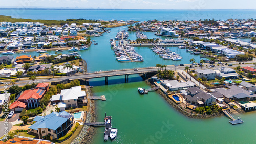 Aerial View of Scarborough Canal Bridge and Waterfront Homes, Queensland