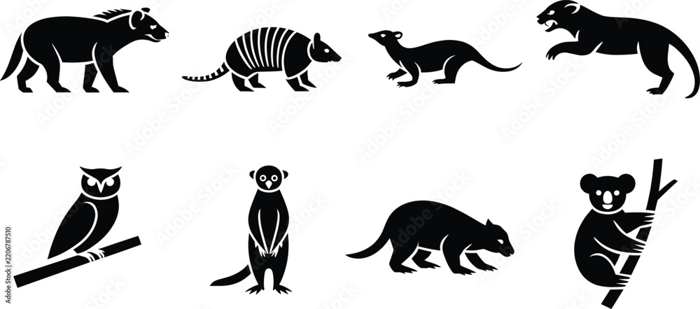 Obraz premium Set of eight black silhouette featuring various wild animals including an armadillo, owl, meerkat, and koala on a white background