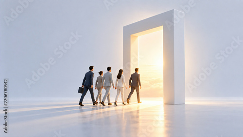 Miniature business group entering a luminous doorway together, transformation and shared future in a minimal scene. 3D minimal business concept for change management and corporate communication.