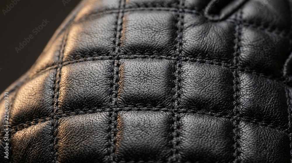 Naklejka premium Luxury black quilted synthetic leather texture with detailed square grid stitching and elegant soft lighting for upholstery and fashion.