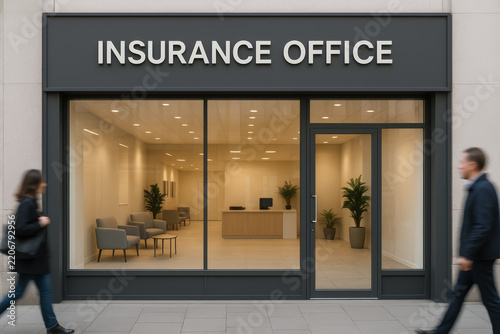 Insurance office storefront revealing reception desk and waiting chairs