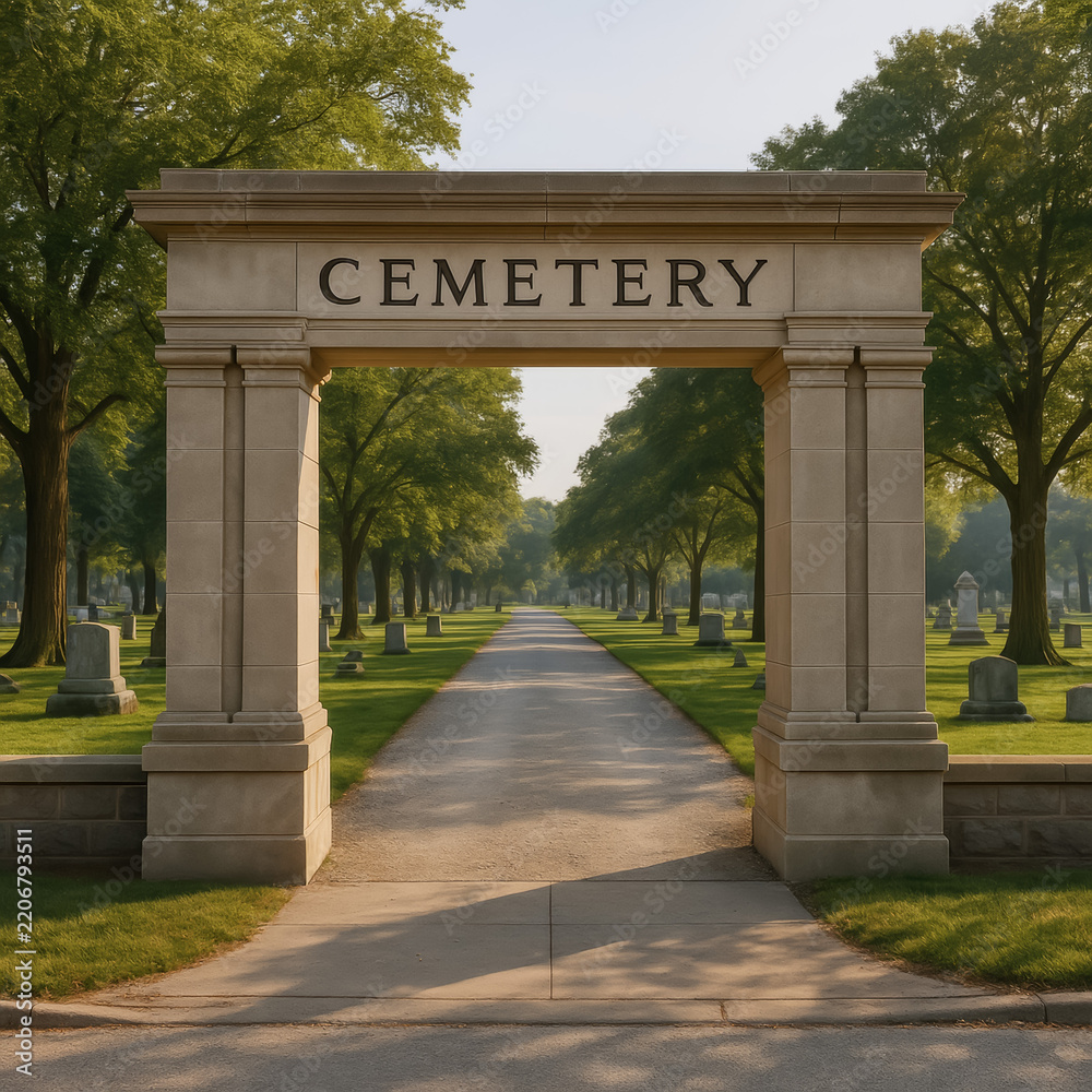 Obraz premium Stone cemetery gate framing a straight path between headstones
