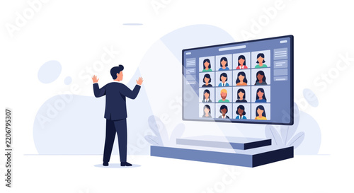 Businessman interacting with a video conference screen showing diverse participants, modern flat design illustration for remote work and technology concepts.