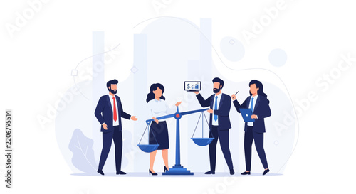Business professionals balancing scales with financial chart, symbolizing finance, law, and decision making