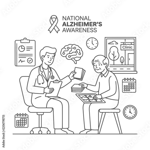 Doctor Conducting Memory And Cognitive Test With Senior Patient In Clinic For Medical Examination And Mental Health Vector Illustration