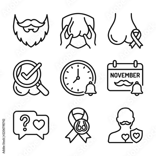 Linear icons set for men's health awareness campaign featuring beard symbols testicular exam concepts and cancer prevention awareness symbols