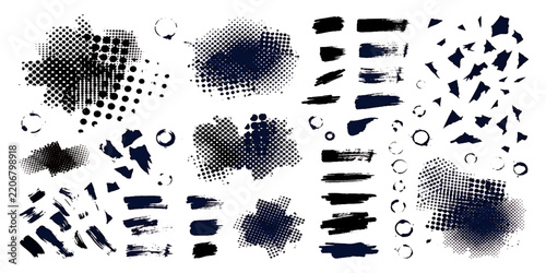Black Vector Halftone Grunge Brush Strokes, Ink Splatters, and Broken Glass Particles Set Isolated on White Background   