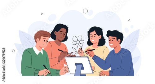 Diverse team collaborating on digital art project, drawing on tablet and laptop