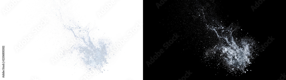 Obraz premium Splash Impact Debris of fragmented particles erupting near a corner for urban design themes with PNG Transparent and Black Background Versions