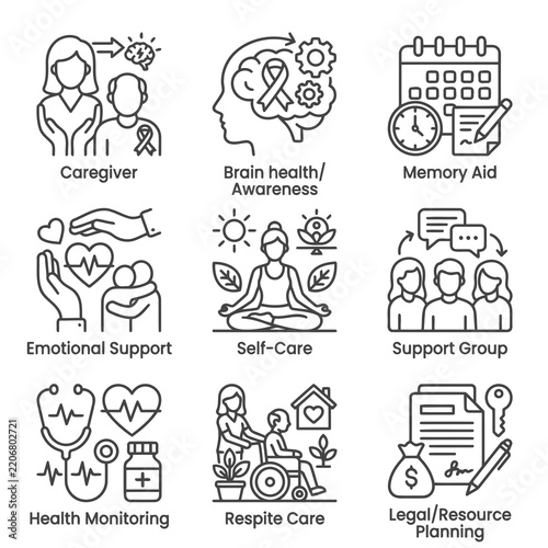 Comprehensive Set of Line Art Icons Illustrating Essential Caregiving Support and Health Awareness Services for Aging Adults