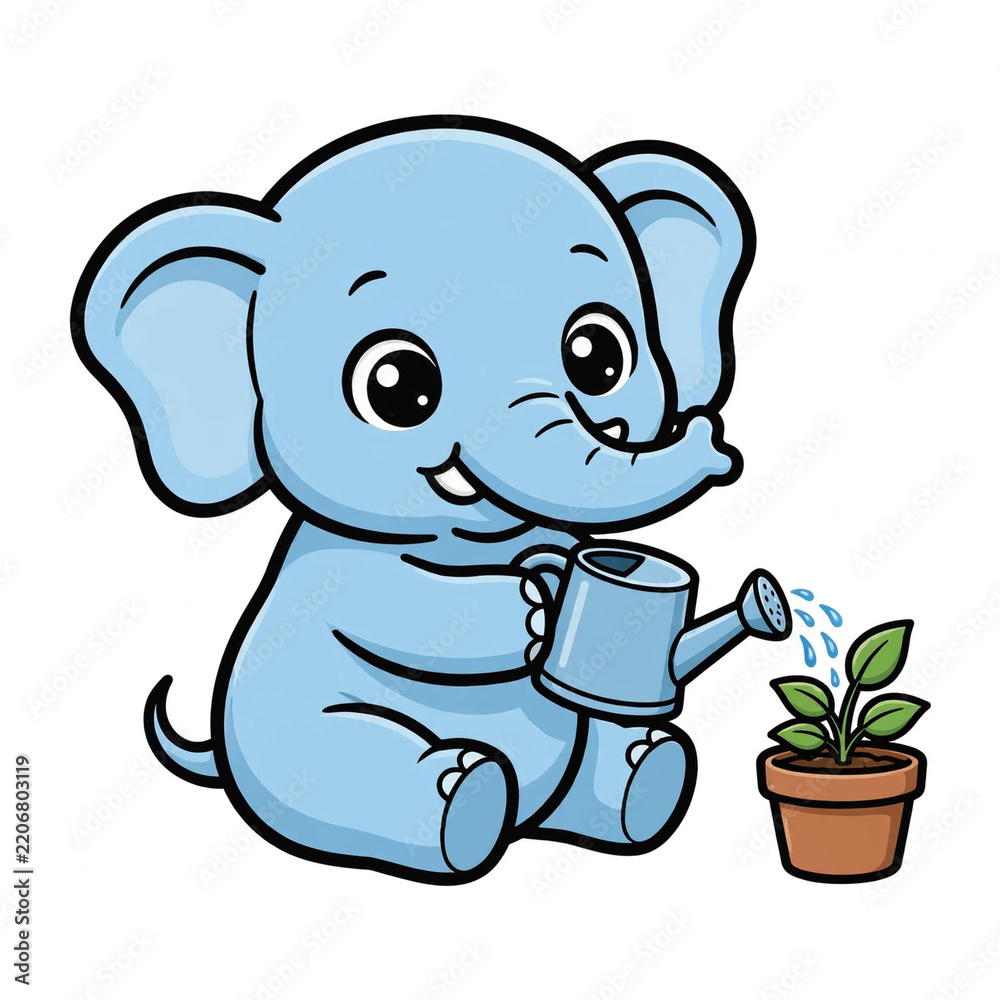 Obraz premium baby elephant, watering plant, cute elephant, kawaii elephant, gardening, potted plant, watering can, cute animal, baby animal, kawaii animal, elephant watering, plant care, gardening elephant