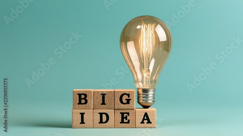 Glowing light bulb rests on wooden blocks spelling big idea over a green background.
