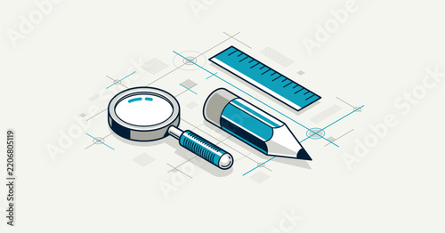 Engineering project concept, blueprint engineer work vector 3D isometric illustration, abstract draft drawing, cad technical plan.