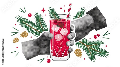 Christmas cocktail drink held by hand with pine branches and berries on white background