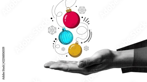 Christmas baubles floating above a hand in a creative graphic illustration with copy space
