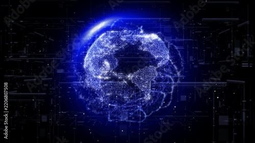 Digital Blue 3D Hologram Flare Ring Earth Rotating in Sci-Fi Space. Polygon Low Poly Number Data Structure, Network Connection, and Global Business Technology 4K Motion Background.