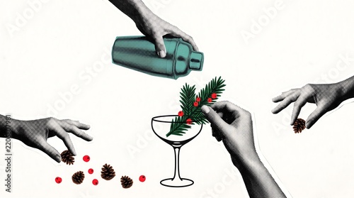 Christmas cocktail preparation with pine cones and berries in a retro halftone illustration style