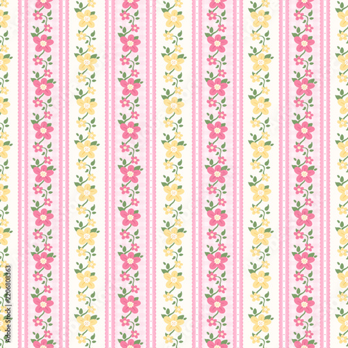Pink and Yellow Floral Stripes with Leafy Vines