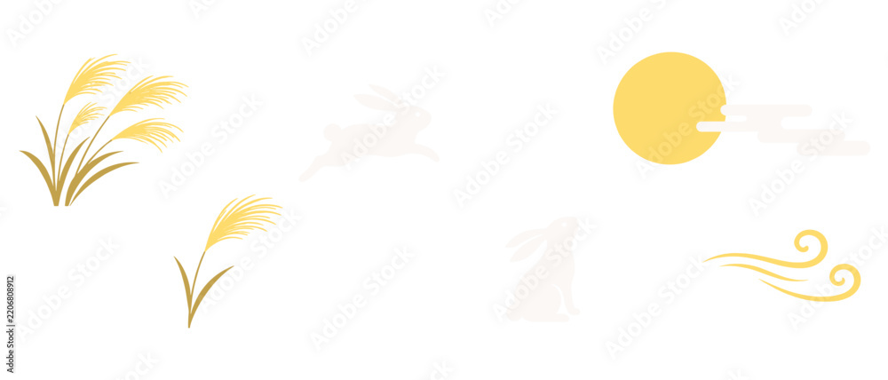 Fototapeta premium Faint autumn rice icons with moon rabbit and cloud