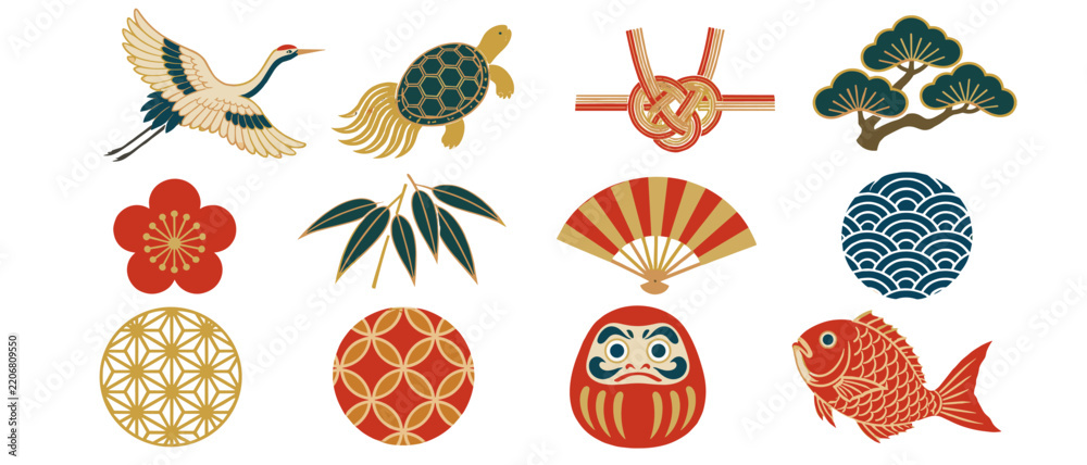 Obraz premium Japanese lucky charms with crane turtle daruma and fish
