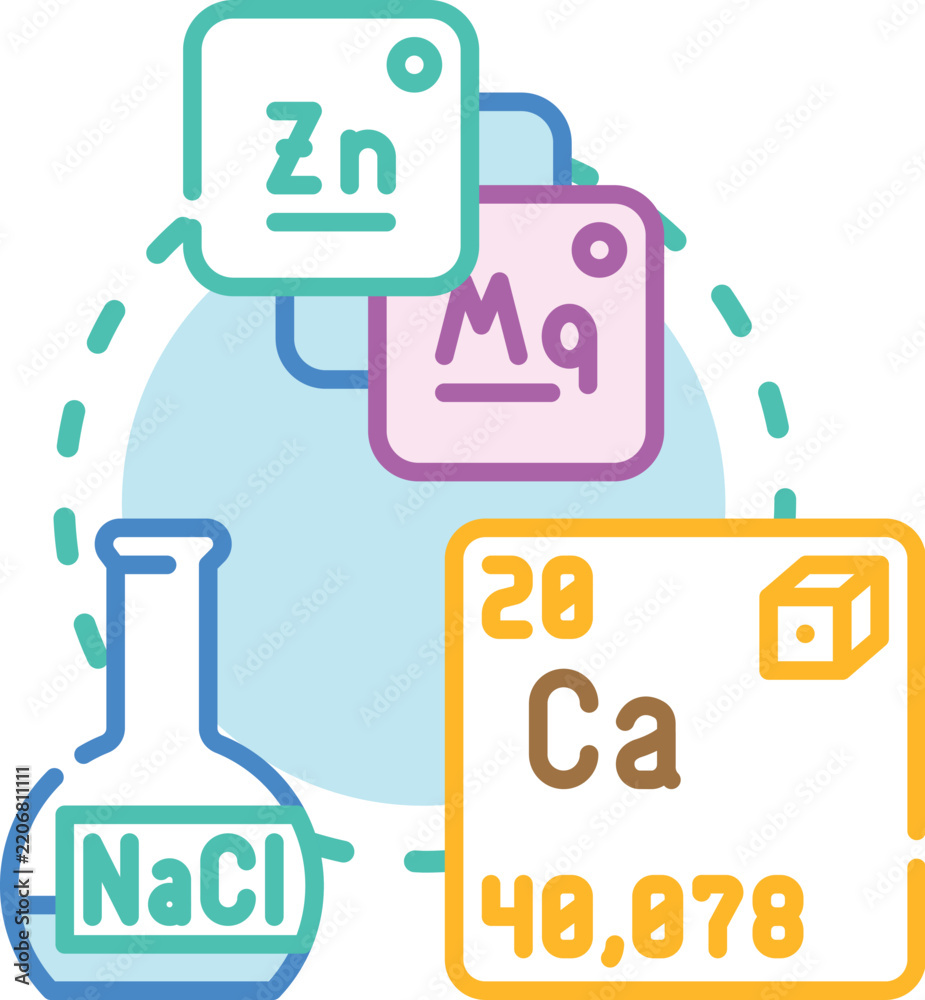 Fototapeta premium Science education concept illustrating minerals and their chemical composition, including laboratory analysis, raw material processing, and natural elements found in food and living organisms