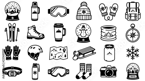 Winter Travel Gear Icons Hand Drawn Collection for Outdoor Adventure Planning