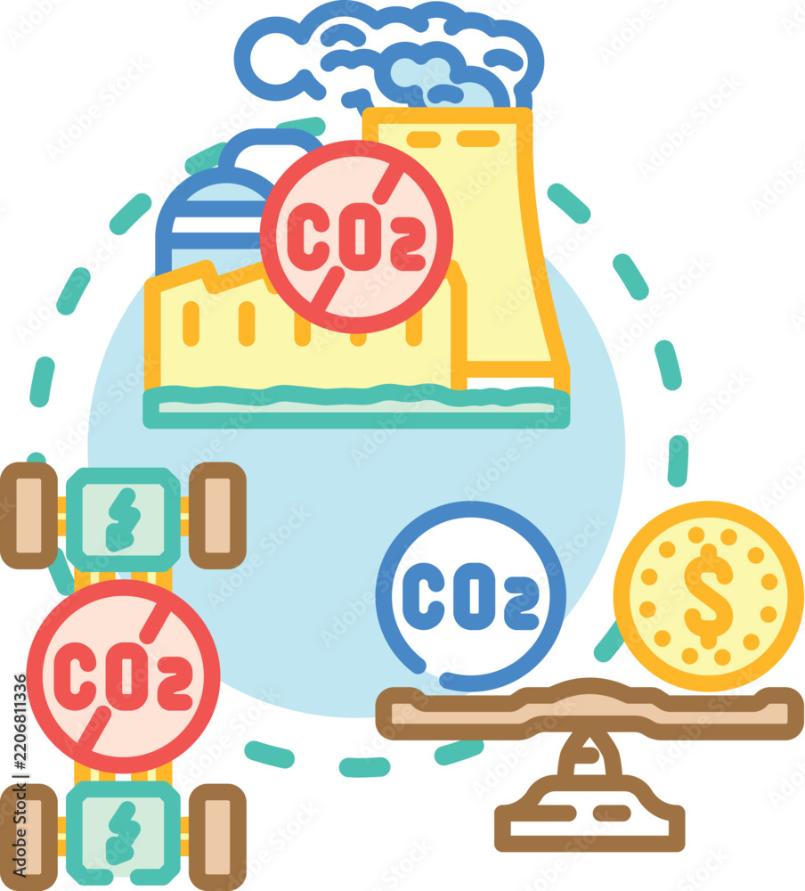 Fototapeta premium Carbon emission balance concept illustrating industrial activities, human responsibility, and environmental efforts contributing to achieving a balanced ecosystem and net zero future