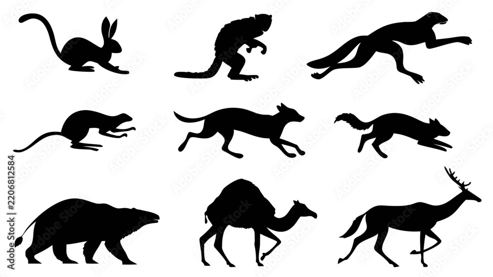 Fototapeta premium Set of wild animal silhouettes including deer and camel in dynamic poses with wild animals