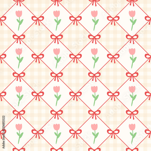 Pink Tulips Framed by Red Ribbon Lattice on Gingham