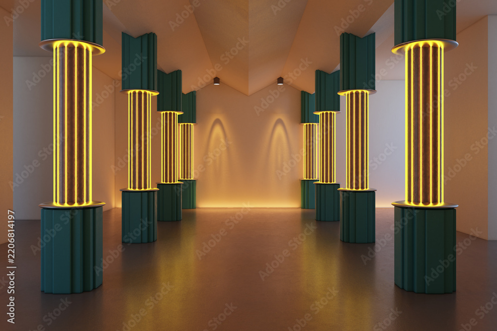 Obraz premium Contemporary neon column gallery interior with symmetrical perspective, glowing pillars, and modern exhibition architecture for creative design concepts. 3D Rendering