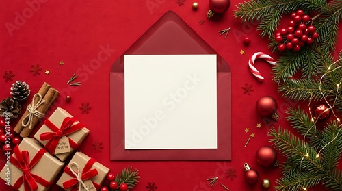 Christmas greeting card mockup with festive decorations on red background