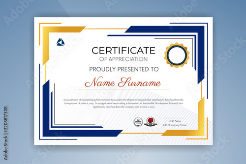 Modern Blue and Gold Certificate of Appreciation Template with Geometric Border