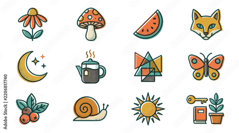 Fototapeta premium Corporate Flat Set of Diverse Icons with Earthy Tones Fox Mushroom Watermelon Moon Tea Pot Geometric Shapes Butterfly Plant Snail Sun Key with Plant