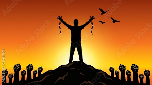 Silhouette of a man breaking chains for freedom at sunset with a supporting crowd