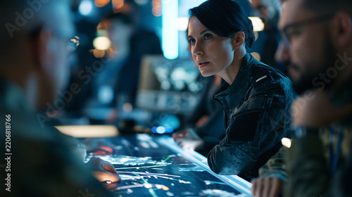 Faceless military officers standing around a illuminated map table, discussing troop movement strategy in a dark operations room, with copy space