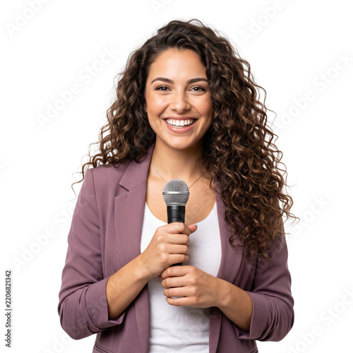 Smiling woman holding microphone, ready for presentation or interview