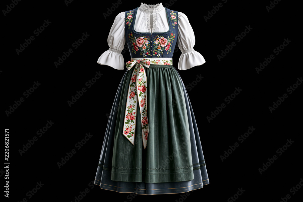 Obraz premium Traditional Bavarian dirndl dress with floral embroidery and apron on black background