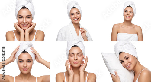 Woman With Towel On Head Various Poses For Beauty And Spa Isolated