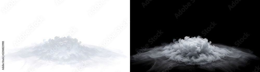 Fototapeta premium Smoke mound rising into a rounded centerpiece with curling peaks tapering to thin edges, for product staging, in PNG Transparent and Black Background Versions