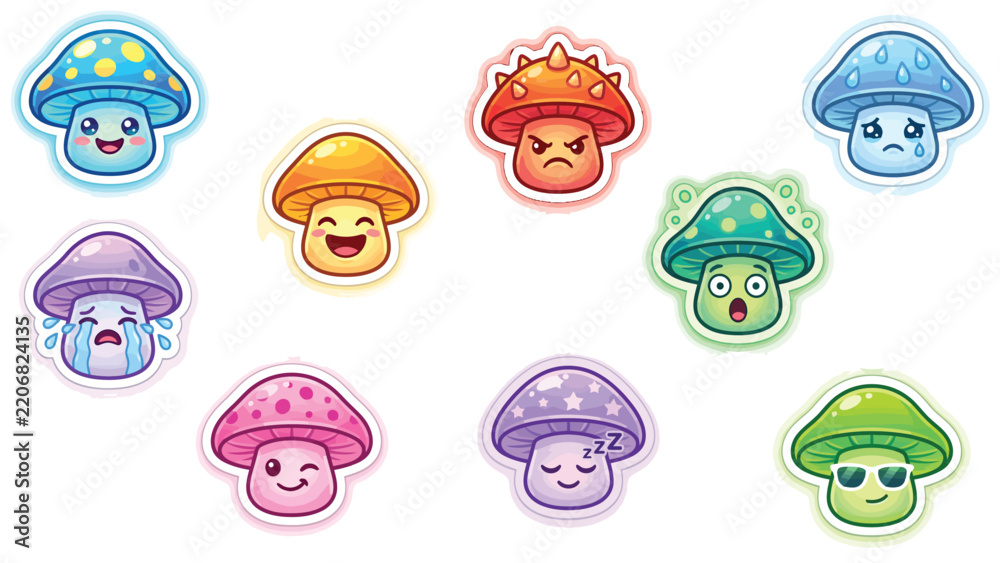 Fototapeta premium Cute Kawaii Mushroom Sticker Set with Various Emotional Expressions and Vibrant Colors