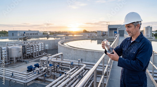 Professional technician holding water sample, checking quality with focused expression at industrial waste treatment plant facility